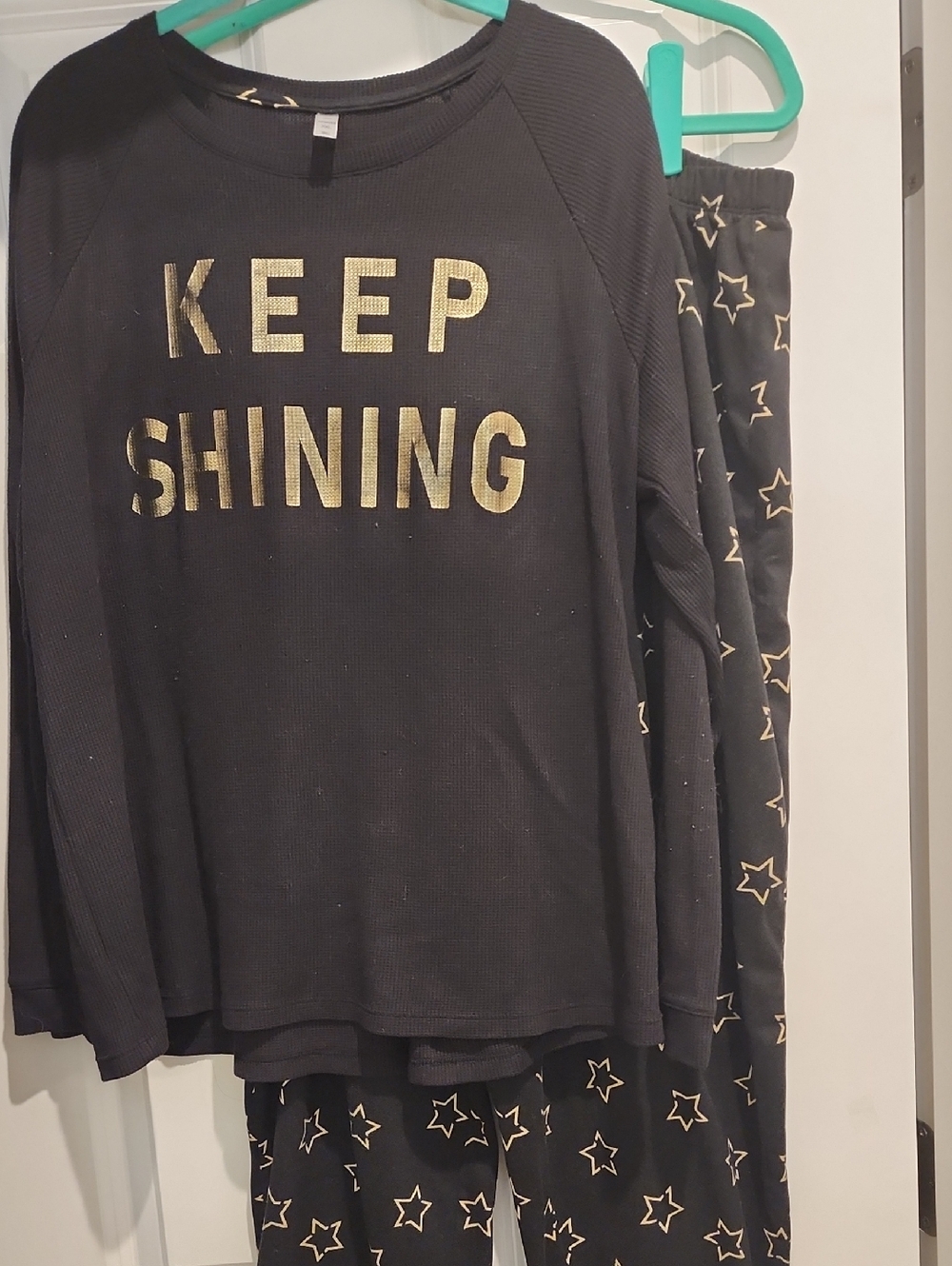 Black 'Keep Shining' Long Sleeve Top with Gold Star Print Pajamas XXL